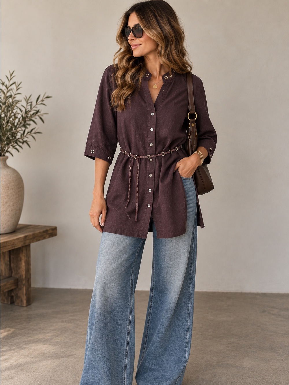 Y2K Laura Linen Blend Mini Dress Tunic Plum Chain Waist Cropped Sleeve